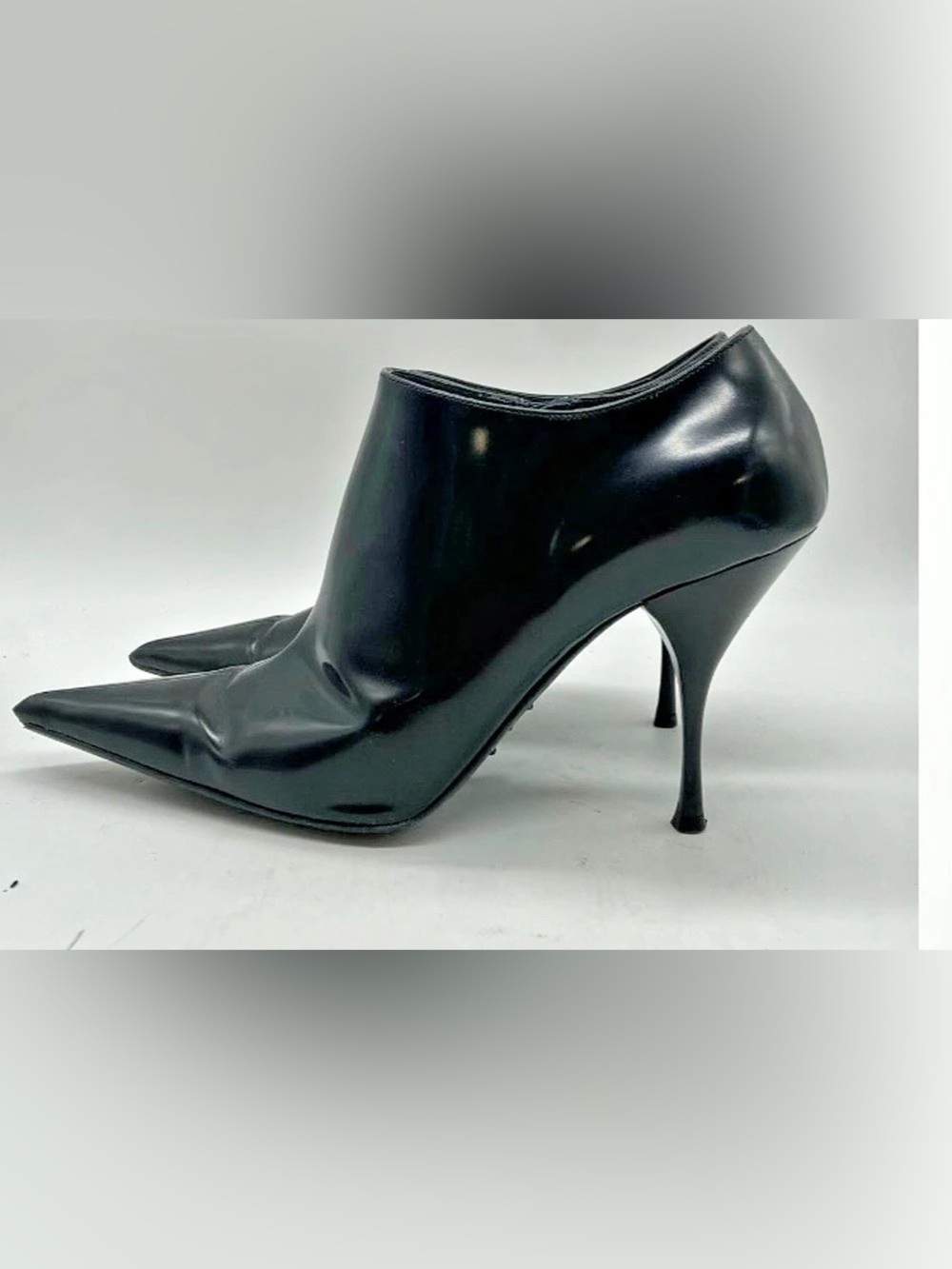 Prada Patent Leather Pointed Toe Stiletto Booties Black EU 37.5